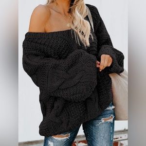 Astylish Women Sexy Long Sleeve Off Shoulder Loose Cable Knit Pullover Sweater M